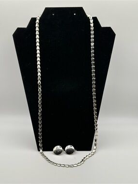 Vintage Sarah Cov Silver Tone Geometric Link Long Necklace Clip On Earrings